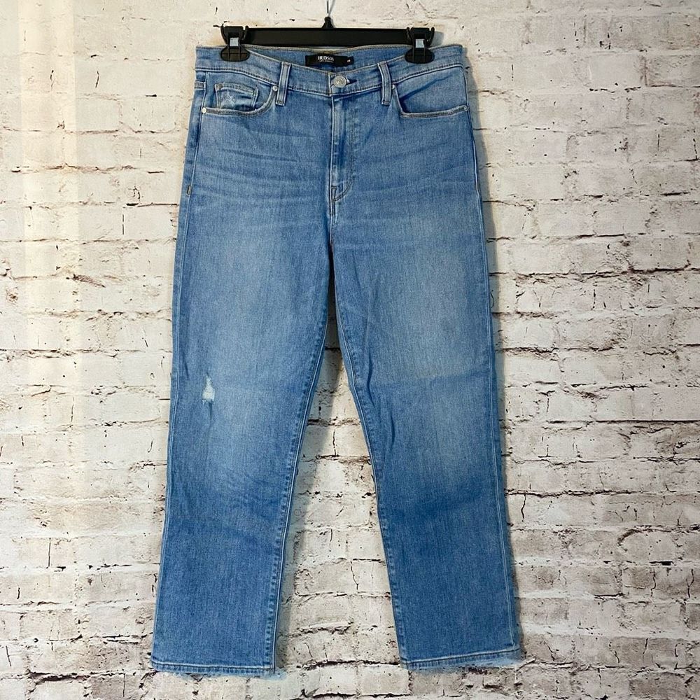 Hudson Womens Blue Stretch Denim Barbara Straight Crop Distressed Jeans Size 29